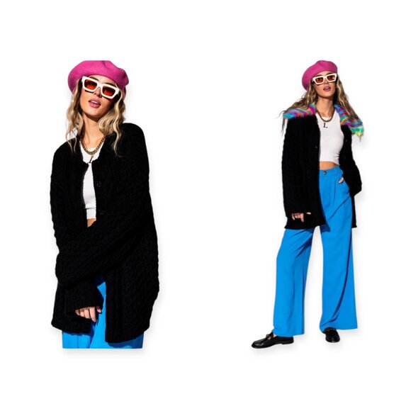 Lala Unbothered Grandpa Cardigan Button Up Chunky Cable Knit Black Size S/M - Picture 2 of 5